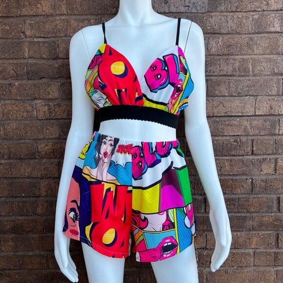 Comc Book Print 2pc Stretch Waist Short & Top Sz S... - Picture 1 of 6